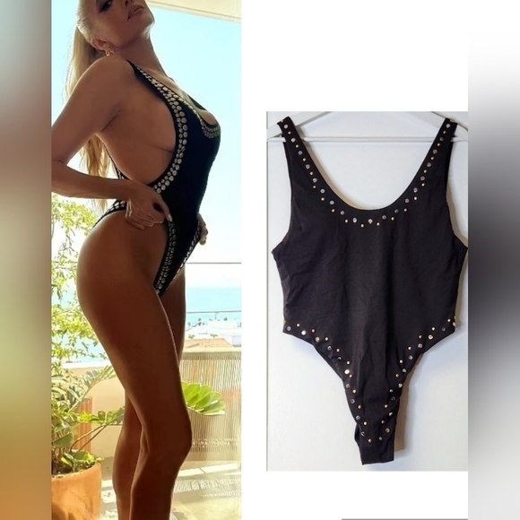 Dolce Vita Stella High-Leg One Piece Swimsuit In Black And Gold Studs Size L - Picture 15 of 16